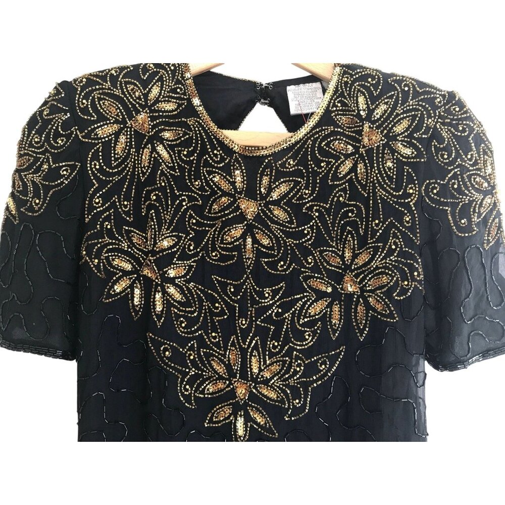 Vintage Black Beaded Dress Gold Floral Short Sleeve Silk Lined Little Black Dres